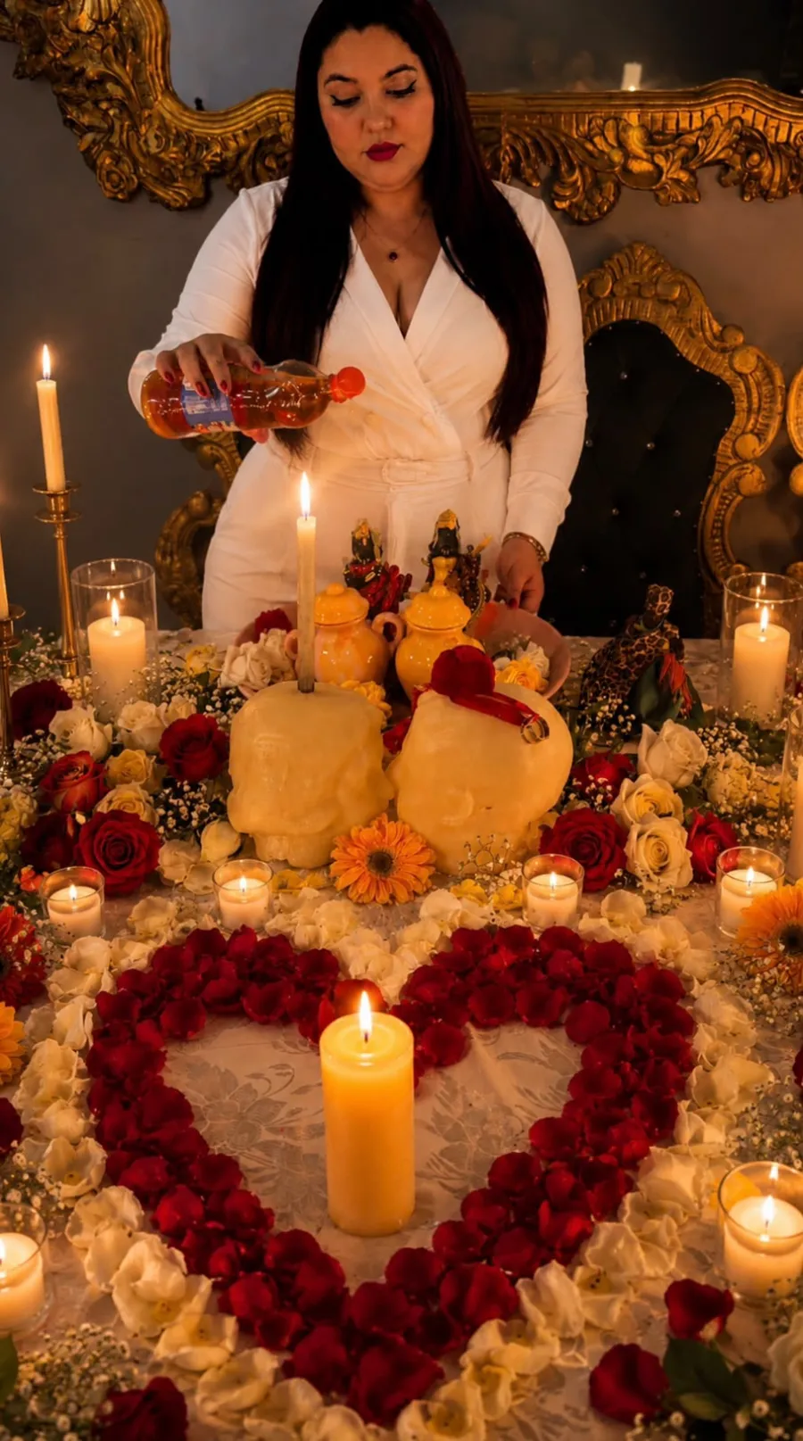 Coração de pétalas de rosas vermelhas e brancas montado em volta de uma vela, com caveiras de cera e flores