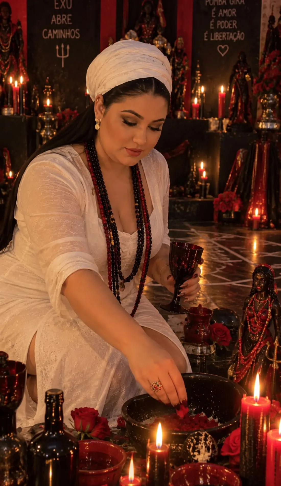 Alice de branco, ajoelhada diante do altar de Exu e Pomba Gira, entre velas vermelhas e taças